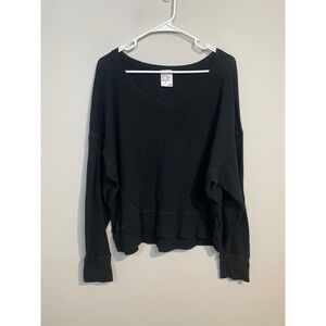 Offline by Aerie Black Waffle Knit Slouchy V-Neck Sweatshirt Size Medium